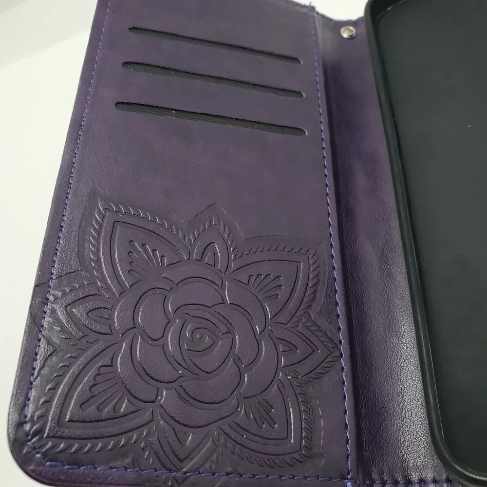 Samsung S23 Plus Wallet Phone Case Dark Purple Butterfly Wristlet Soft Touch